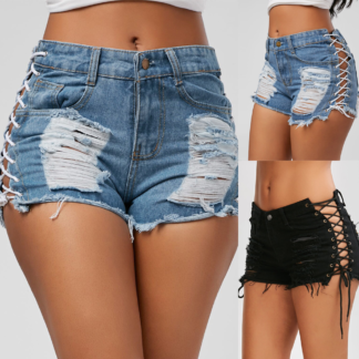 denim laced up women's shorts