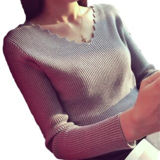 Women's Jagged V-neck Long-sleeve Knitted Sweater