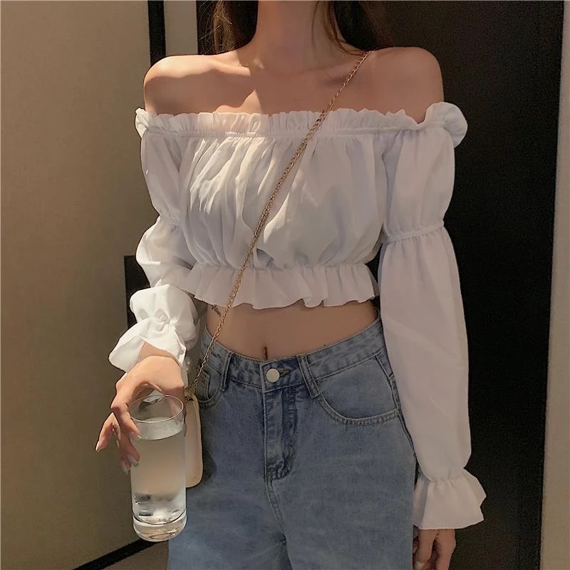 Off the Shoulder Blouse Crop Top with Puffy Sleeves Women's Black or White - Retailite